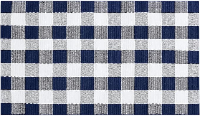SEEKSEE Cotton Buffalo Plaid Rug 3'x5' Navy Blue and White Checked Rug Washable Doormats Indoor Outdoor Rugs for Layered Front Door Mats, Porch, Kitchen, Farmhouse, Entryway