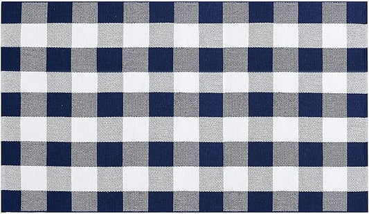 SEEKSEE Cotton Buffalo Plaid Rug 3'x5' Navy Blue and White Checked Rug Washable Doormats Indoor Outdoor Rugs for Layered Front Door Mats, Porch, Kitchen, Farmhouse, Entryway