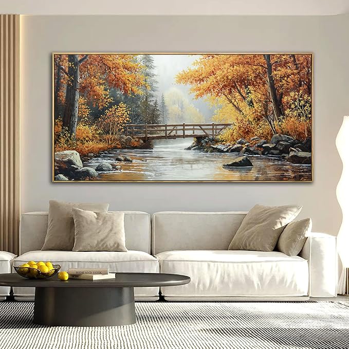 KLAKLA Large Canvas Wall Art - Rustic Landscape Burnt Orange Forest Tree Creek Print Picture Framed Artwork for Living Room Bedroom Office Wall Decor - 58x29 Inches