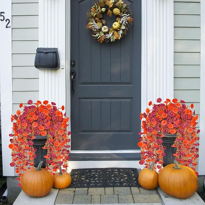 2 Pcs Artificial Hanging Flowers for Outdoor Fall Decoration, 2 Pcs Fake Morning Glory Flowers UV Resistant Faux Fall Petunias for Home Front Door Patio Decor (Dark Red Orange)