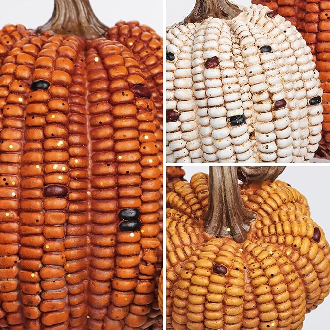 Briful Fall Decorative Corn Pumpkin Set – 3-in-1 Resin Pumpkins Harvest Décor Fake Corn Pumpkins Centerpiece for Thanksgiving Table Tiered Tray Outdoor Autumn Decorations