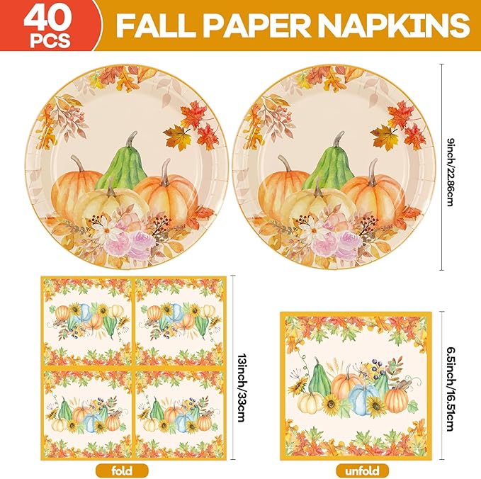 40pcs Fall Pumpkin Paper Plates and Napkins Sets, 9inch Thanksgiving Dinner Plates Party Supplies Disposable Autumn Theme Maple Leaf Sunflower Tableware Fall Thanksgiving Harvest Birthday Decorations