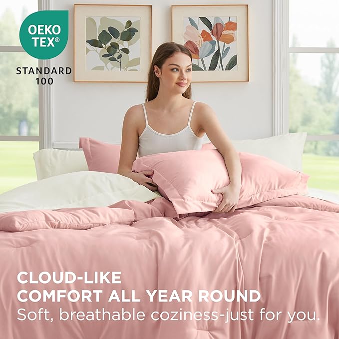 Bedsure Queen Comforter Set - 7 Pieces Pink Queen Bedding Set for All Seasons, Boho Contrasting Design Bed in a Bag with Comforter, Sheets, Pillowcases & Shams