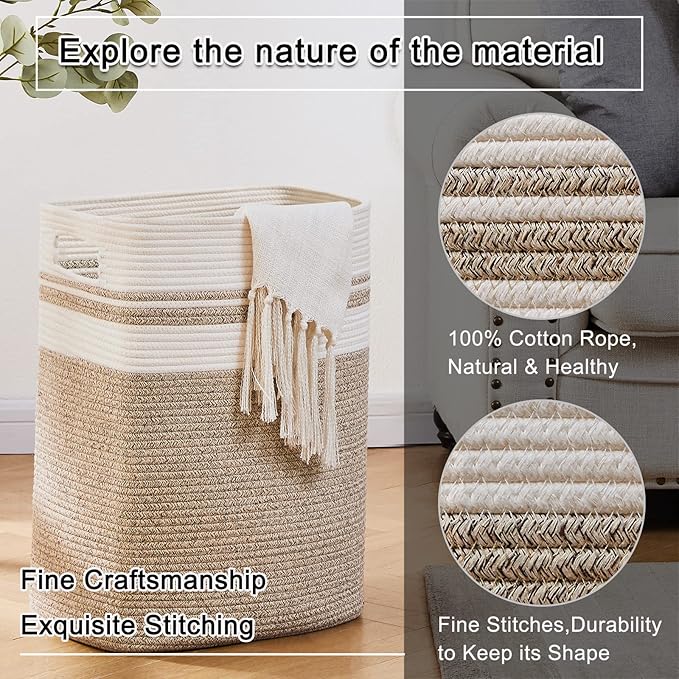 OIAHOMY Laundry Hamper-Laundry Basket,Tall Cotton Storage Basket with Handles,Decorative Blanket Basket for Living room,Collapsible Large Basket for Toys,Pillows,Clothes-16x13x22in-Yellow variegated