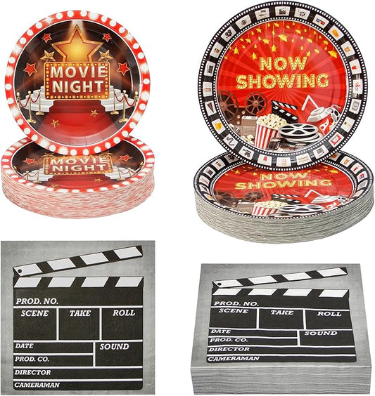 180Pcs Movie Night Party Supplies Paper Plates and Napkins Serve 60 Disposable Tableware Set for Birthday Party Decorations Game Day Family School Holiday Sports Events