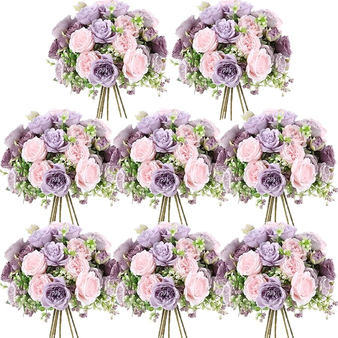 Geosar 8 Bundles Artificial Peonies Flowers Fake Silk Peony Bouquet Faux Peonies Flowers Bulk for Decoration Vase Florals Arrangements Wedding Party Table (Gray Purple,Light Purple)