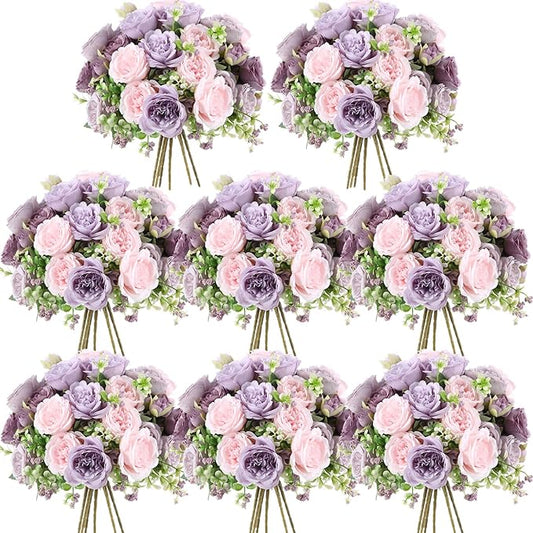 Geosar 8 Bundles Artificial Peonies Flowers Fake Silk Peony Bouquet Faux Peonies Flowers Bulk for Decoration Vase Florals Arrangements Wedding Party Table (Gray Purple,Light Purple)