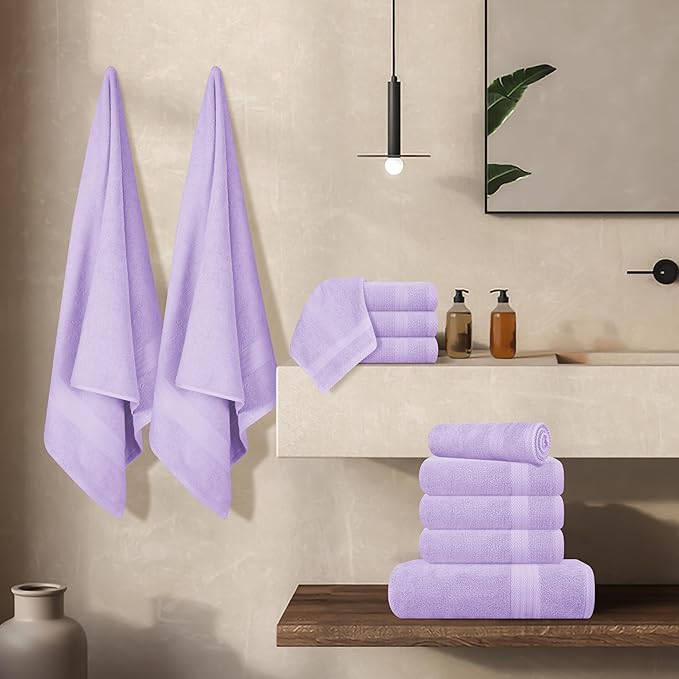GLAMBURG Ultra Soft 24-Piece Towel Set - 100% Pure Ringspun Cotton, Contains 8 Oversized Bath Towels 27x54, 8 Hand Towels 16x28, 8 Wash Cloths 13x13 - Ideal for Everyday use, Hotel & Spa - Purple