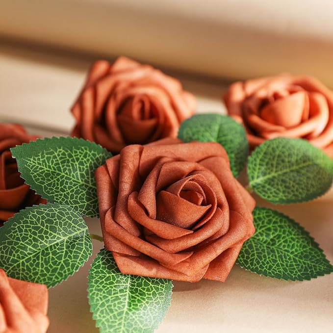 AmyHomie Artificial Flowers Burnt Orange Rose 25pcs Real Looking Fake Roses w/Stem for DIY Wedding Bouquets Centerpieces Arrangements Party Baby Shower Home Decorations