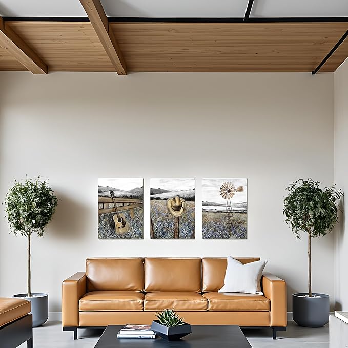 sechars Farmhouse Landscape Painting Canvas Texas Bluebonnets Field Wall Art Rustic Countryside Windmill Pictures Cottagecore Bedroom Bathroom Decor