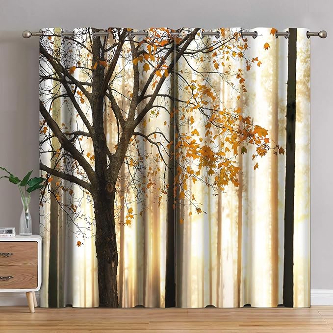 Jekeno Fall Tree Blackout Curtains Autumn Maple Tree Yellow Orange Leaves Brown Branch Wooden Nature Decor Bedroom Living Room Grommet Window Drapes 2 Panel Set, 52"x84"