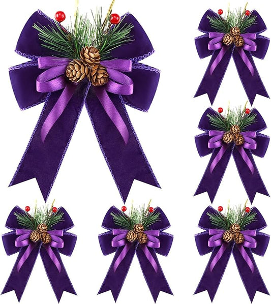 Syhood 6 Pcs Christmas Bows with Pine Cones Pine Needles Xmas Velvet Bows Purple Velvet Ribbon Christmas Tree Wreath Decoration for Xmas Parties Indoor Outdoor Crafts DIY Decor