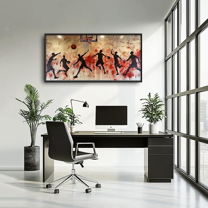 Flintis Large Basketball Sports Framed Wall Art Basketball Players Pictures Wall Decor Abstract Graffiti Canvas Painting Print Artworks Framed for Living Room Bathroom Master Bedroom 60L X 30W