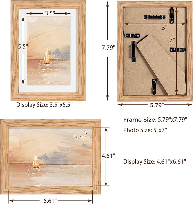 5x7 Picture Frame, Solid Oak Wood 5 x 7 Frame with Plexiglass, 5 by 7 Photo Frame for Wall & Tabletop Display, 5x7 Picture Frame Matted to 4x6, Natural Oak Color, 3 Pack
