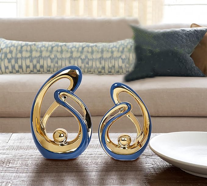 2 Pcs Navy Blue Decor Centerpiece Table Decorations Blue and Gold Ceramic Decor Statue Mid Century Modern Decor Centerpieces for Dining Room Living Room Kitchen Shelf Office Coffee Table Decor