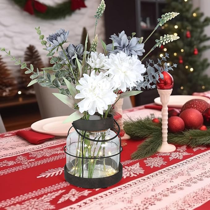 Vintage Farmhouse Lantern Decor LED Lighted Vase, Rustic Glass Vase with Artificial Flowers, Farmhouse Table Centerpiece for Floral Arrangements with Hidden Switch Lid