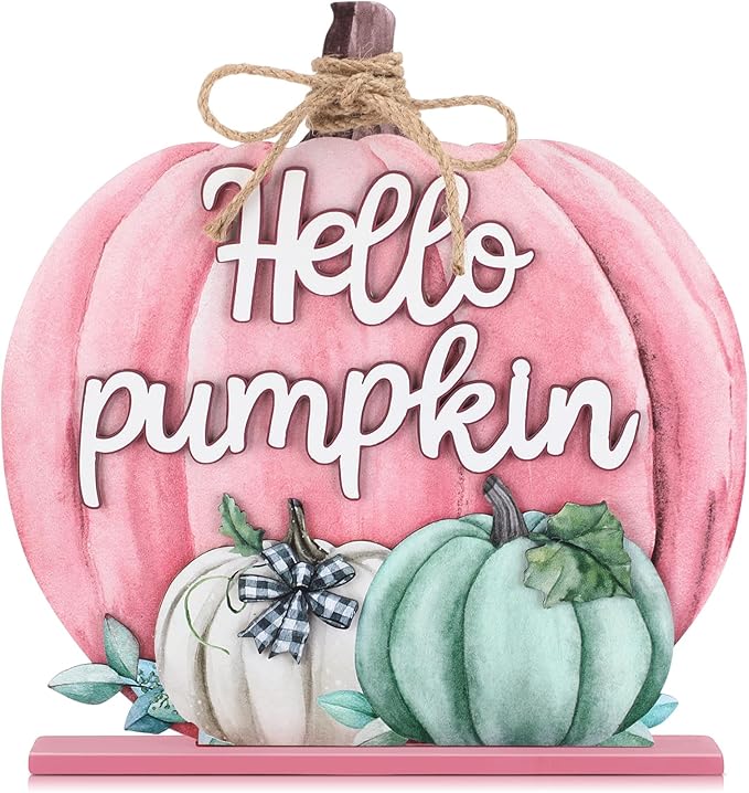Soaoo Fall Decoration Wooden Fall Hello Pumpkin Sign Autumn Pumpkin Table Decor 11 Inch Wooden Autumn Desktop Ornament for Farmhouse Home Living Room Harvest Day Thanksgiving Decor(Pink,Lovely)