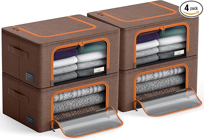 Sorbus Storage Bins with Metal Frame - Stackable & Foldable Clothes Organizer Bags - Oxford Fabric Storage Containers with Large Clear Window & Carry Handles, Bedroom Organization for Bedding & Linen