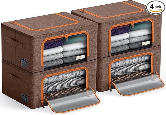 Sorbus Storage Bins with Metal Frame - Stackable & Foldable Clothes Organizer Bags - Oxford Fabric Storage Containers with Large Clear Window & Carry Handles, Bedroom Organization for Bedding & Linen