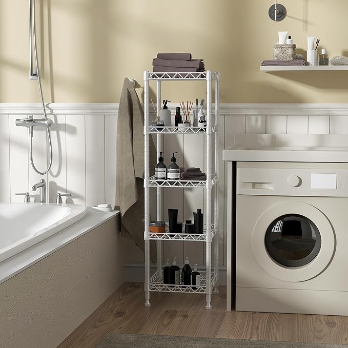 GIOTORENT 5 Tier Standing Shelving Metal Units, Adjustable Height Wire Shelf Display Rack for Laundry Bathroom Kitchen 11.8 W x 11.8 D x 50 H (5-Tier, White)