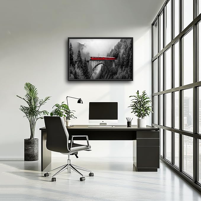 Olivine Train Large Wall Art, Black and White Pictures Wall Decor, Train Painting, Nature Landscape Canvas Prints, Framed Artwork for Dining Room Living Room Bedroom Bathroom Office Home 36"x24"