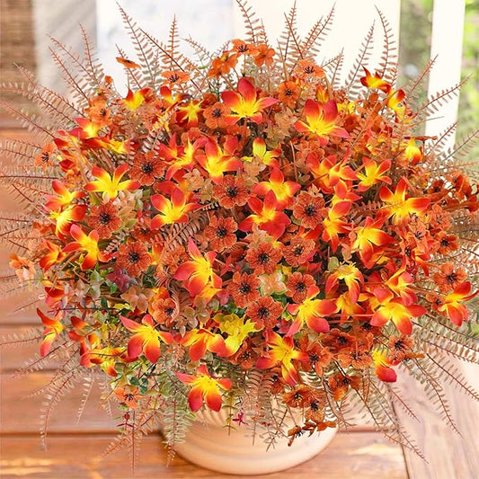 64 Pcs Artificial Fall Flower Outdoor Fake Fall Flowers UV Resistant Faux Fall Eucalyptus Plants for Home Porch Planter Garden Thanksgiving Fall Decor
