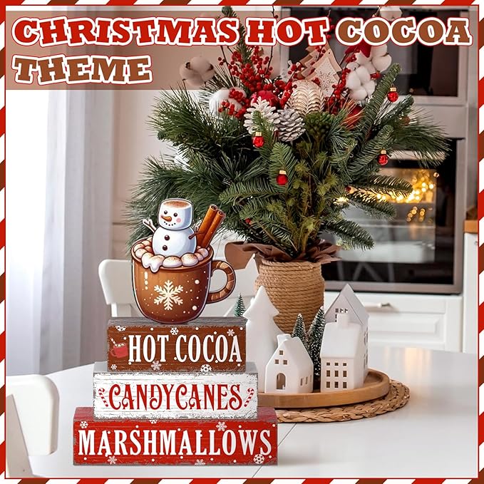 Geelin 4 Pieces Christmas Hot Cocoa Wooden Table Decorations Xmas Hot Cocoa Wooden Signs Rustic Marshmallow Tiered Tray Decor Tabletop Centerpieces for Home Desk Room Kitchen Shelf