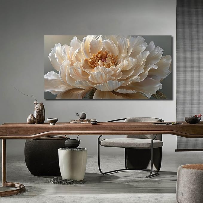 Ouzzlie Large Flower Canvas Wall Art Floral Wall Decor Light Yellow Peony Picture Art for Bedroom Living Room Office Modern Artwork Posters 29" x 59"