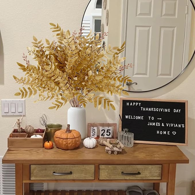 Sggvecsy 4 Pack Artificial Fall Greenery Stem Autumn Faux Flowers Autumn Faux Plants Silk Fall Shrubs Bushes Fall Leaves Stem for Indoor Home Table Centerpieces Thanksgiving Decoration(Dark Yellow)