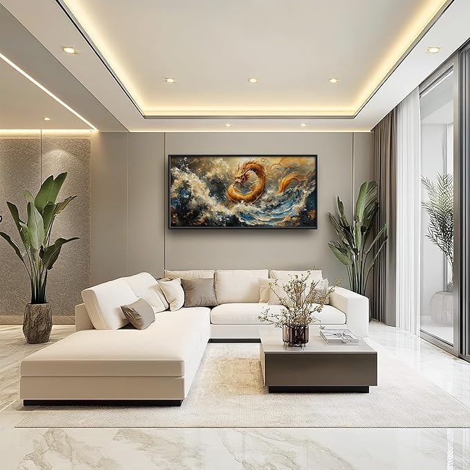 Flintis Large Golden Dragon Framed Wall Art Japanese Waves Pictures Wall Decor Abstract Asian Wild Animal Canvas Painting Print Artworks Framed for Living Room Bathroom Master Bedroom 60L X 30W