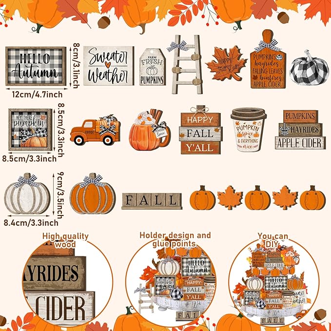 21 Pcs Fall Tiered Tray Decoration Set Thanksgiving Table Sign Pumpkins Farmhouse Gnome Maple Leaves Centerpieces Harvest Wood Blocks Signs Fall Block Tabletop for Autumn