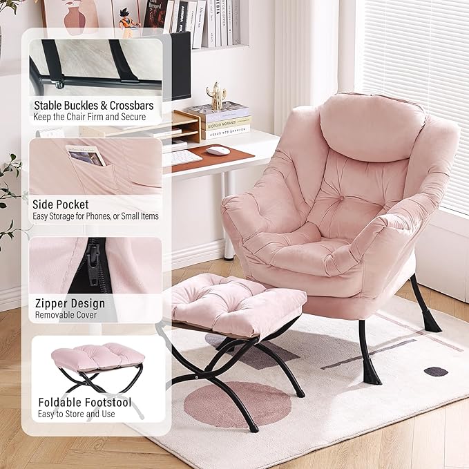 Lazy Chair with Ottoman, Modern Chair with Folding Footrest, Lounge Accent Chair, Comfortable Reading Chair, Oversized Armchairs for Bedroom, Study, Living Room, Courtyard (Pink)