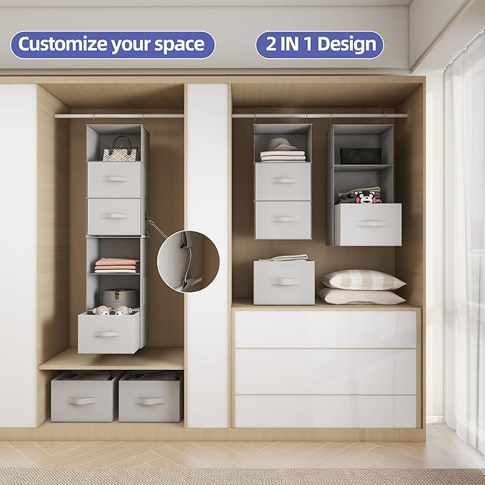 Twira 6-Shelf Hanging Closet Organizer, 2 Separable 3-Shelf Hanging Shelves, Hanging Storage with 3 Removable Drawers 4 Side Pockets, Storage Organizer for Closet, Nursery (Light Grey)