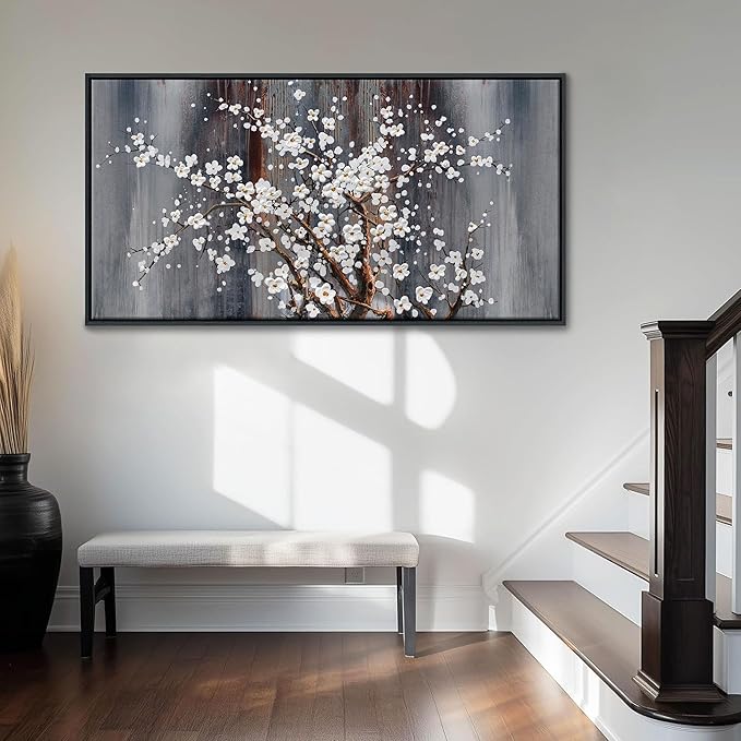 Wall Art for Living Room Large Modern Wall Decor Canvas Paintings for Wall Decorations White Flower Brown Bedroom Office Artwork Plum Blossom Art Prints Framed 24×48IN
