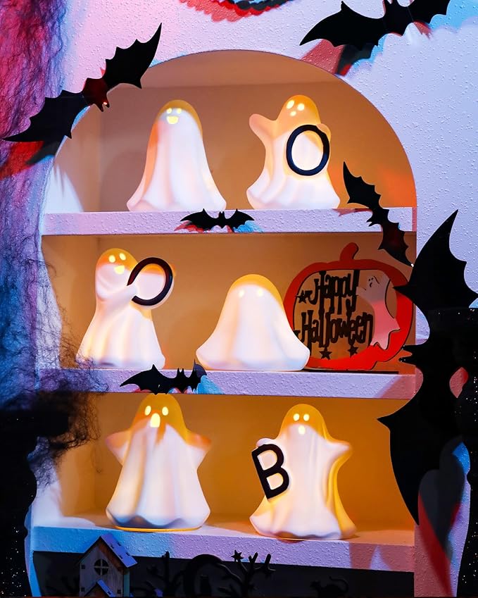 Ceramic Ghosts Small White Ghost Figurine, 3PCS Light Up Ghost Decor, Small LED Ghost Halloween Decor Spooky Sculptures for Indoor Halloween Party Tabletop Home Shelf Decoration