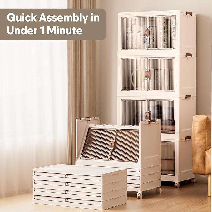 Jalove 50QT Plastic Storage Bins with lids, Stackable Collapsible Storage Containers with Wheels, Closet Organizer and Storage Drawers, Clothes Storage Cabinet for Home Office Garage, 1 Pack White