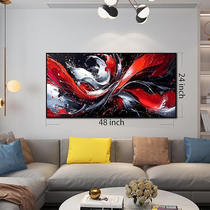 Ouzzlie Red Wall Decor Abstract Canvas Black and White Wall Art for Bedroom Modern Picture Artwork 24" x 48"