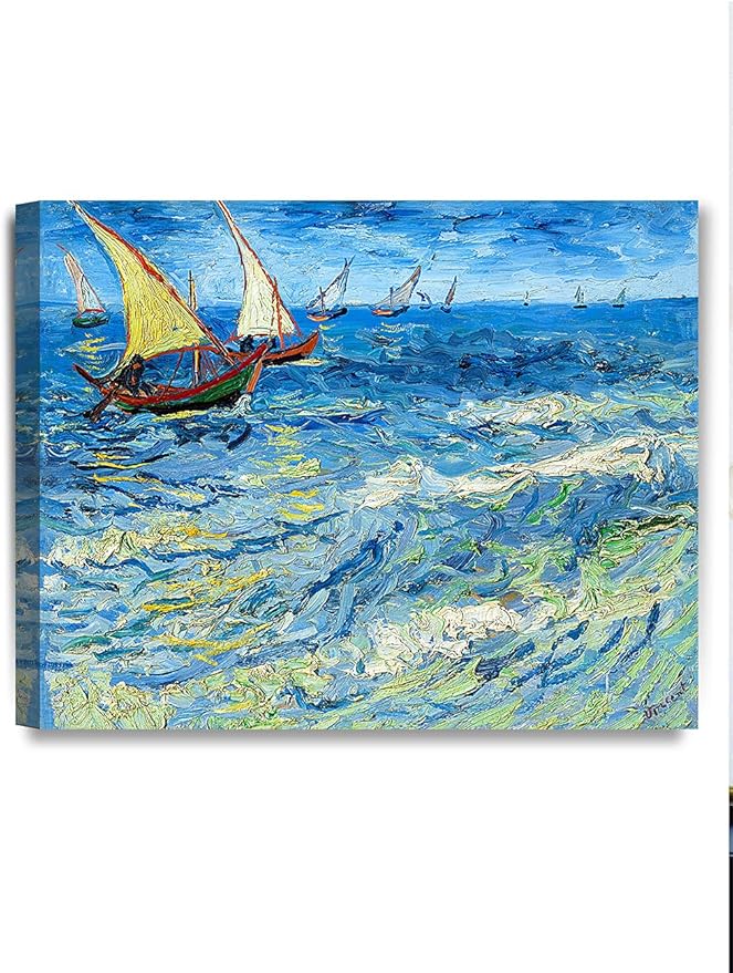 DECORARTS - Fishing Boats At Sea, Vincent Van Gogh Art Reproduction. Giclee Canvas Prints Wall Art for Home Decor 20x16