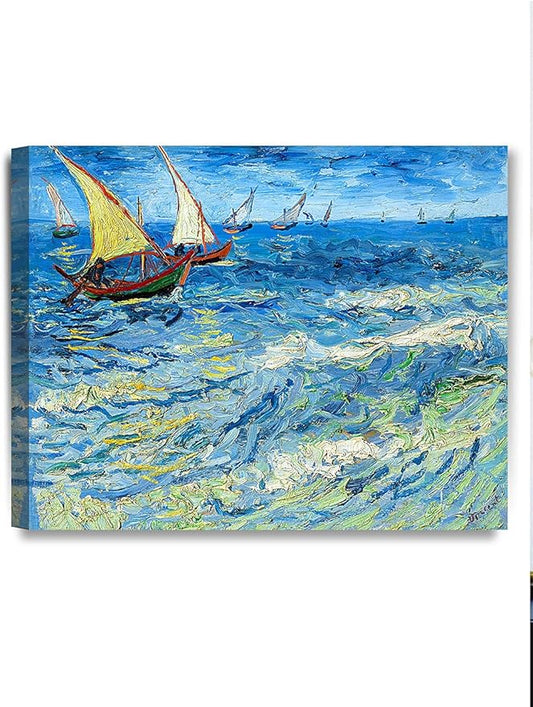 DECORARTS - Fishing Boats At Sea, Vincent Van Gogh Art Reproduction. Giclee Canvas Prints Wall Art for Home Decor 20x16