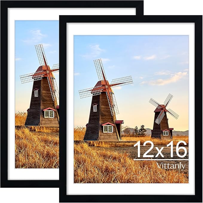 Vittanly 12x16 Picture Frame Set of 2, Display Poster 11x14 with Mat or 12x16 without Mat, Plexiglass, Wall Gallery Frames for Artwork, Vertical or Horizontal Display, Black
