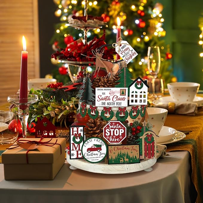 17 Pcs Christmas Tiered Tray Decor Set Winter Tiered Tray Decorations Farmhouse Tabletop Centerpiece Christmas Wooden 3D Sign for Xmas Home Buffalo Plaid Rustic Table Decoration(Fresh)