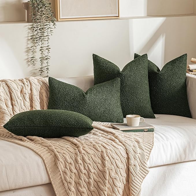 MIULEE 22x22 Inch Decorative Euro Sham Throw Pillows for Bed Set of 2 Textured Boucle Neutral Throw Pillow Covers Dark Green Accent Solid Euro Couch Pillowcase Cozy Soft Sofa Livingroom Home Decor