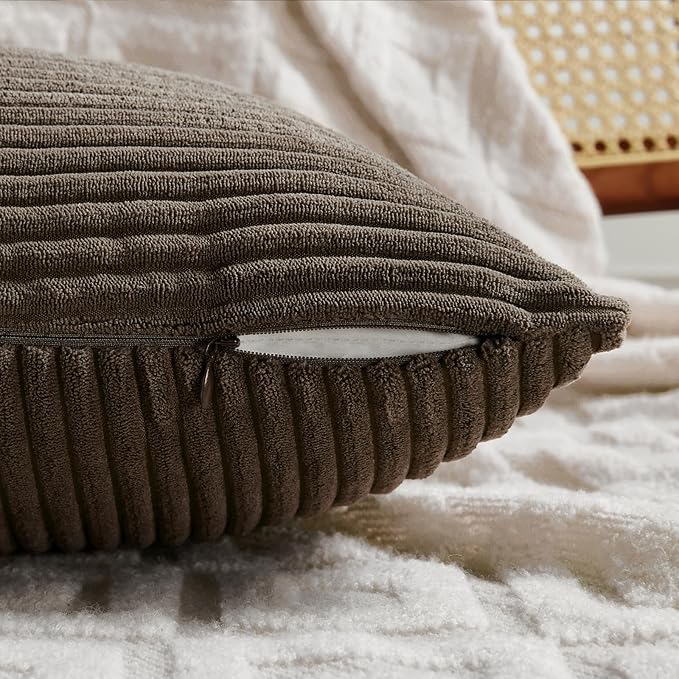 Fancy Homi 4 Packs Dark Brown Decorative Throw Pillow Covers 18x18 Inch for Living Room Couch Bed Sofa, Rustic Farmhouse Boho Home Decor, Soft Cross Corduroy Patchwork Textured Cushion Case 45x45 cm