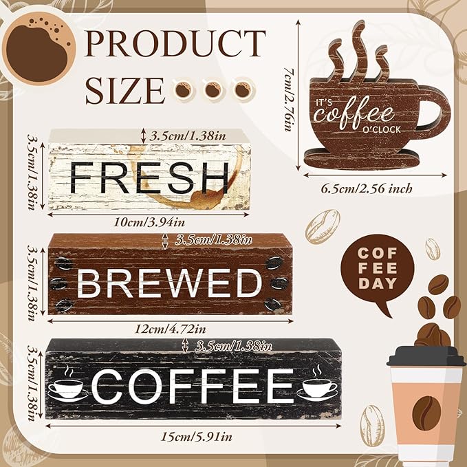 Geelin 4 Pcs Coffee Bar Decor Wood Blocks Mini Coffee Bar Wooden Signs Book Stacks Accessories Rustic Table Sign Farmhouse Tiered Tray Decor for Home Table