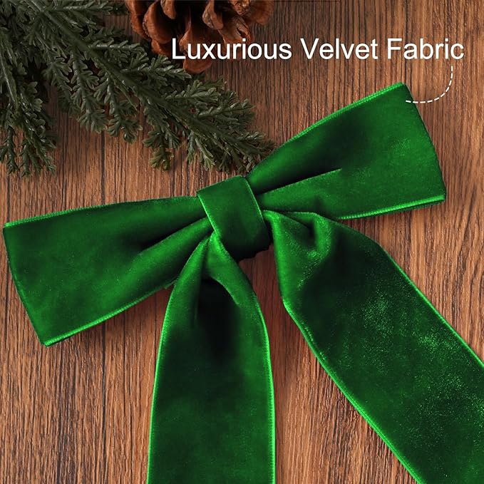 Christmas Decorations - Christmas Bows - 24 Pcs 7 x 6 inch Medium Green Velvet Bows for Christmas Tree - Xmas Ribbon Ornaments - Home Decor for Wreath Garland Gift Wrapping Crafts Wedding Party