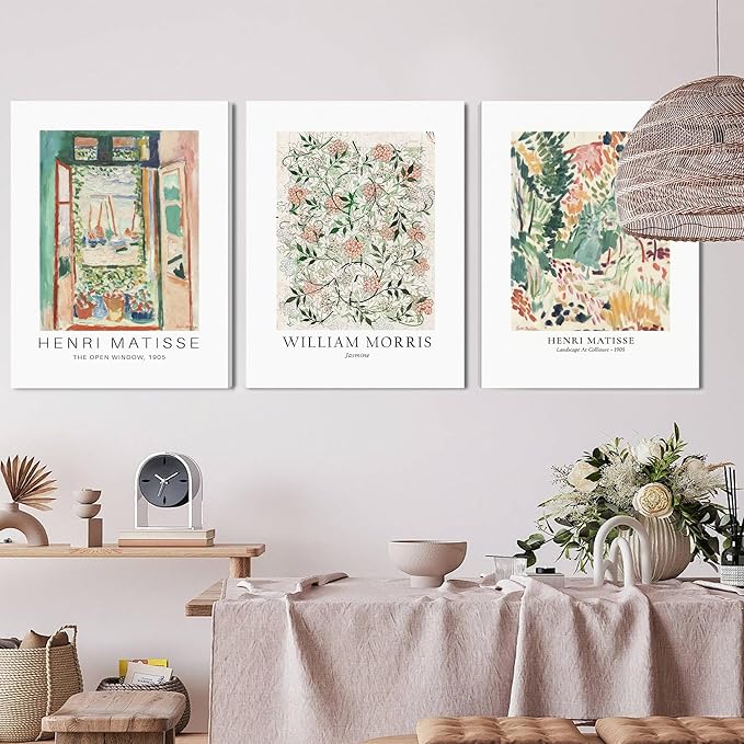WRFON Sage Green Botanical Wall Art, Vintage Matisse Flower Market Wall Decor, Retro William Morris Floral Canvas Painting Prints for Gallery Wall, Living Room Bedroom Framed 12"x16"x3