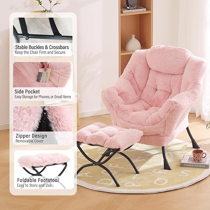 Lazy Chair with Ottoman, Modern Chair with Folding Footrest, Lounge Accent Chair, Comfortable Reading Chair, Oversized Armchairs for Bedroom, Study, Living Room(Plush Pink)