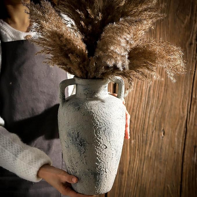 Large Ceramic Rustic Vase, 11.41 inch Tall Terracotta Flower Vase with 2 Handles, Decorative Vases for Home Decor, Dining Table, Living Room, Kitchen, Office