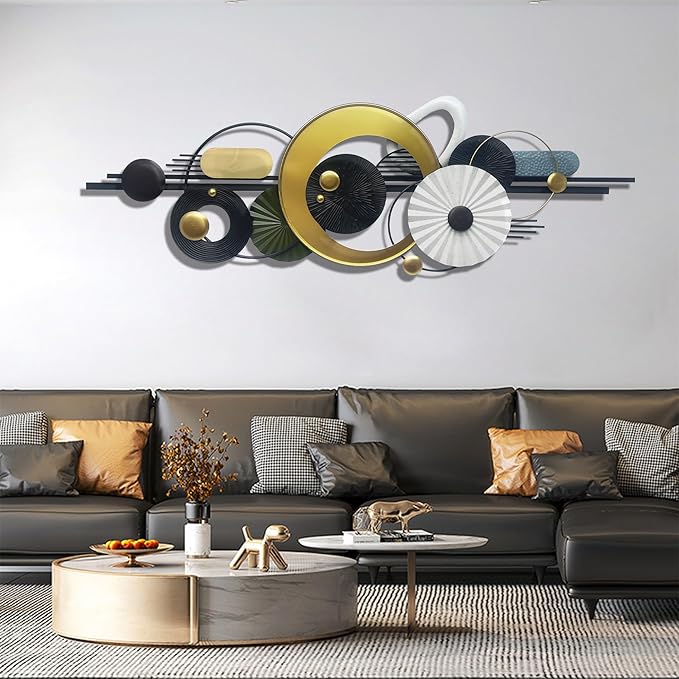 Modern Abstract Metal Wall Art,Large 59×20 Inches Wall Decor, Geometric Circles Design Wall Sculptures, Gold Black White, Wall Decoration for Living Room Bathroom Bedroom Dining Room