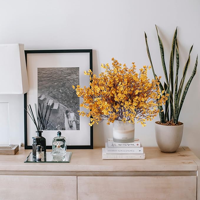 Sggvecsy 15 Pcs Babys Breath Artificial Flowers Gypsophila Bouquets Real Touch Fake Silk Flowers for Home Wedding DIY Floral Arrangement Table Centerpiece Thanksgiving Autumn Decoration (Orange)